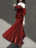 Vintage Burgundy Spaghetti Strap Mermaid Design Elegant Satin Evening Dress Prom Dress HZ0319