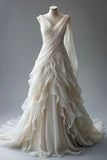 Vintage White V-neck Ruffle Design Beautiful A-Line Chiffon Wedding Dress, HZ0319