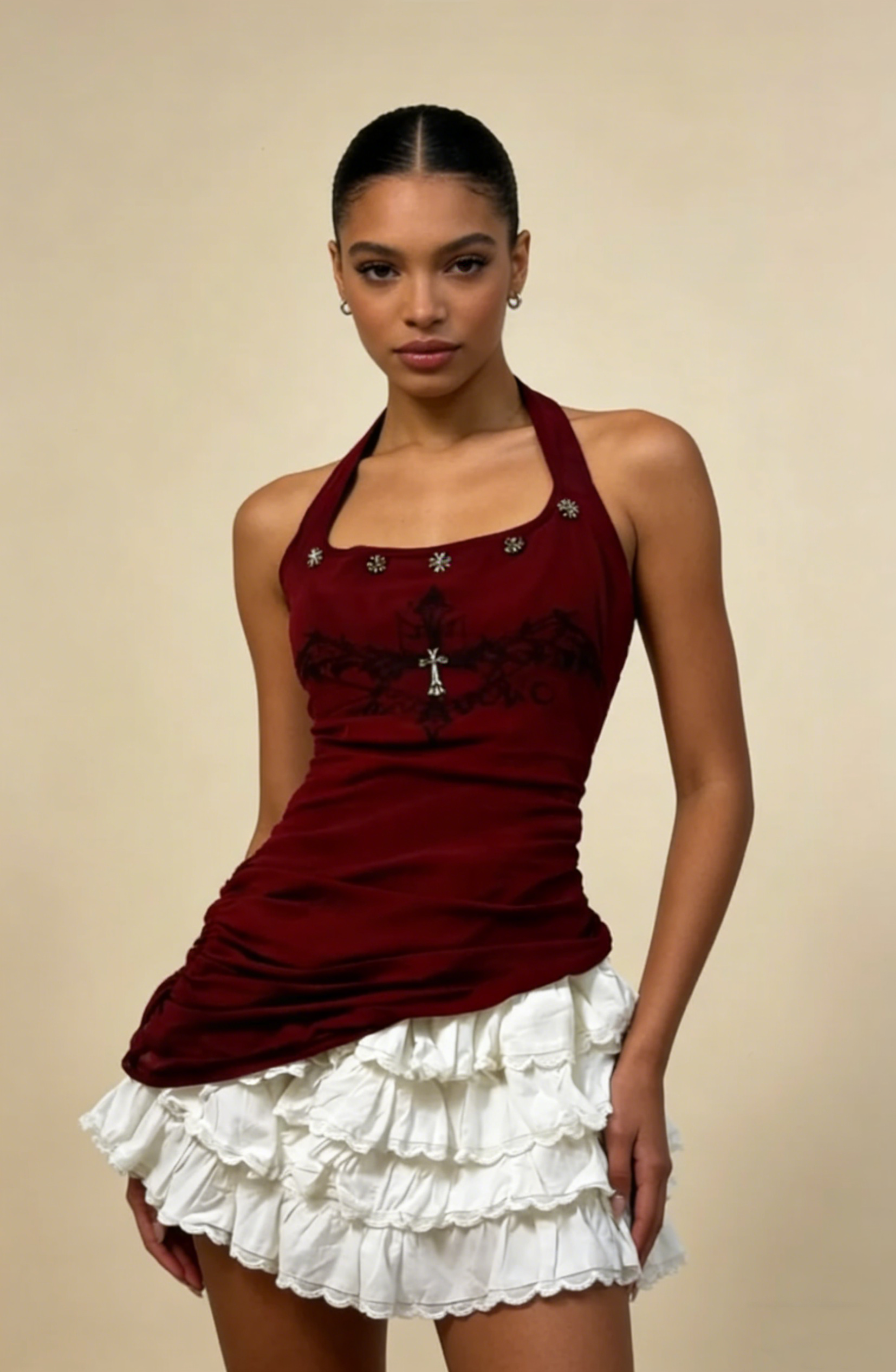 Stunning Homecoming Dress Wine Red Halter Tiered Short Prom Dress Birthday Party Outfits HZ0319