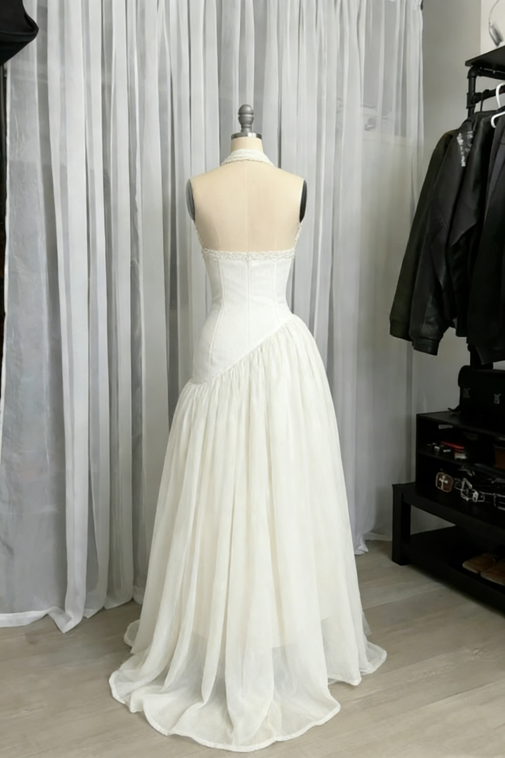 White Halter Neck A-Line Lace Long Party Dress Vintage Wedding Dress, HZ0319