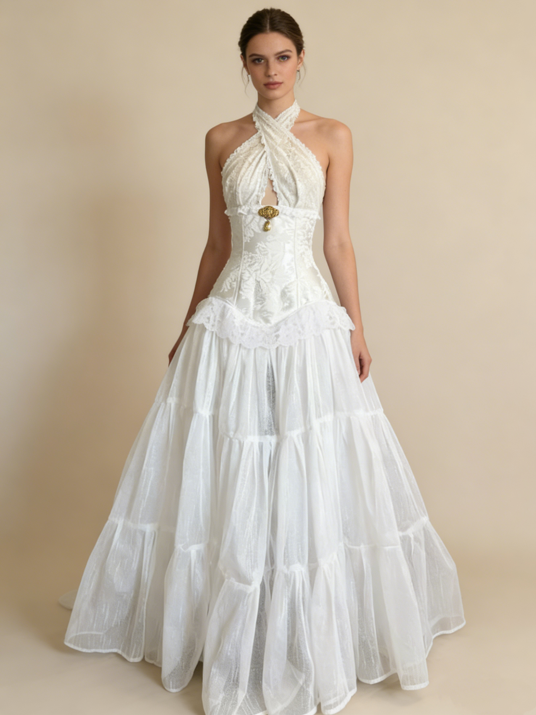 White Halter Neck A-Line Lace Vintage Wedding Dress Long Party Dresses, HZ0319