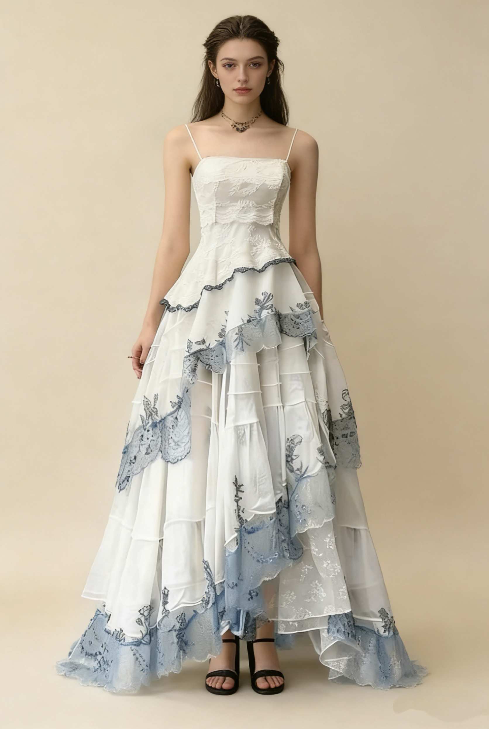 White Spaghetti Straps A-Line Lace Layers Formal Long Party Dresses, HZ0319