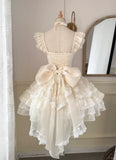 Vintage Beige Sweetheart Bow Lace-up Design A-line Tulle Tiered Party Dress Homecoming Dress HZ0319