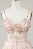 New Fashion Champagne Floral Design A-line Corset Spaghetti Strap Short Homecoming Dress, HZ0319