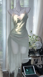 Vintage Mint Green Irregular Lace Hem Spaghetti Strap Design Chiffon Prom Dress Evening Dress HZ0319