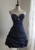 Vintage Navy Blue Sweetheart Design A-line Strapless Party Dresses Homecoming Dresses, HZ0319