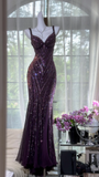 Gorgeous Purple Beaded Sequin V-neck Mermaid Elegant Chiffon Evening Dress Prom Dresses HZ0319