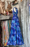 Vintage Navy Blue Floral V-neck Halter Dress Elegant A-Line Long Evening Dress Prom Dresses HZ0319