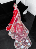 Gorgeous Sparkling Red Beaded Sequined Embroidery Design Elegant Mermaid Prom Dress Evening Dress HZ0319