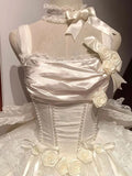 Vintage Beige 3D Flower Bow Design Lace Tulle Tiered Homecoming Dress, HZ0319