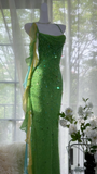 Vintage Shiny Sequin Green Spaghetti Strap Design A-line Romantic Chiffon Evening Dress Prom Dress HZ0319