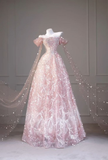 Pink Off Shoulder A-Line Tulle Long Evening Party Dress Birthday Outfits, HZ0319