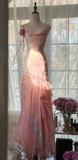 Vintage Pink Straps Mermaid Chiffon Beading Long Evening Party Dresses, HZ0319