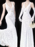 Elegant White V Neck Mermaid Vintage Long Evening Party Dresses, HZ0319