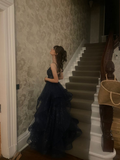Shiny Navy Blue Spaghetti Straps A-Line Long Prom Dresses Birthday Dresses, HZ0319