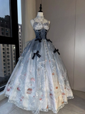 Light Blue Straps A-Line Lace Chiffon Birthday Ball Gowns Retro Prom Dresses, HZ0319