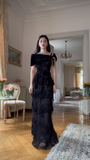 Black Off Shoulder A-Line Tiered Long Formal Evening Party Dresses, HZ0319