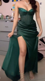 Green Sweetheart Sheath Satin Beaded Long Party Dresses Birthday Dresses, HZ0319