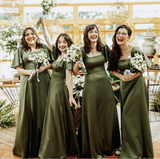 Elegant Green A-Line Satin Square Neck Simple Long Birdesmaid Dresses , HZ0319