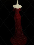 Burgundy Off Shoulder Mermaid Sequins Long Evening Party Dresses, HZ0319