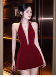 Simple Fashion Burgundy V-neck Halter Dress Design A-line Party Dress Homecoming Dress, HZ0319