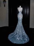 Blue Sleeveless Mermaid Beading Appliques Long Evening Dress Birthday Outfits, HZ0319
