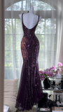 Gorgeous Purple Beaded Sequin V-neck Mermaid Elegant Chiffon Evening Dress Prom Dresses HZ0319
