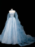 Gorgeous Blue Strapless A-Line Tulle Long Evening Dress Ball Gown Birthday Outfits, HZ0319