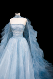 Gorgeous Blue Strapless A-Line Tulle Long Evening Dress Ball Gown Birthday Outfits, HZ0319