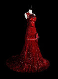 Charming Red One Shoulder Mermaid Sequins Vintage Long Evening Party Dress, HZ0319
