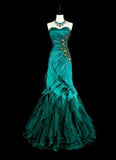 Retro Green Strapless Mermaid Beading Ruffles Vintage Long Evening Party Dress, HZ0319