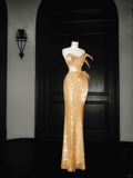 Gold Strapless Mermaid Sequins Beading Long Evening Dress Birthday Outfits, HZ0319