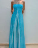 Blue Spaghetti Straps A-Line Satin Long Prom Dress Vintage Party Dress, HZ0319