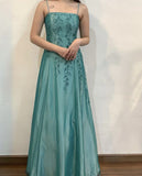 Green Straps A-Line Beading Satin Long Prom Dress Vintage Party Dress, HZ0319