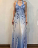 Ombre Halter Neck A-Line Beading Long Prom Dress Vintage Party Dress, HZ0319
