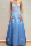 Blue Ombre Strapless A-Line Beading Satin Long Prom Dress Vintage Party Dress, HZ0319
