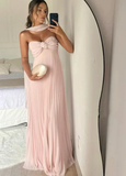 Pretty Pink A-Line Strapless Chiffon Long Party Dress Wedding Guest Dress, HZ0319