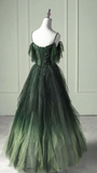 Elegant Green Straps Off Shoulder A-Line Tulle Long Formal Prom Dress, HZ0319