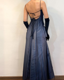 Dark Navy Spaghetti Straps A-Line Beading Long Prom Dress Vintage Party Dress, HZ0319