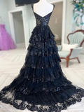 Dark Navy Off Shoulder A-Line Lace Tiered Long Party Dress Formal Prom Dress, HZ0319