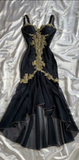 Black Straps Lace Appliques Sheath Long Party Dress Vintage Prom Dress, HZ0319