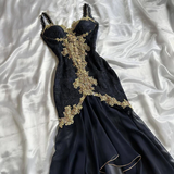 Black Straps Lace Appliques Sheath Long Party Dress Vintage Prom Dress, HZ0319