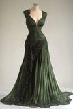 Retro Green V Neck Sheath Lace Chiffon Wrinkles Long Prom Dress Evening Gown, HZ0319