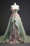 Sage Green Straps A-Line Chiffon Appliques Fairy Long Prom Dress Evening Gown, HZ0319