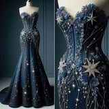 Dark Navy Sweetheart Mermaid Beading Appliques Long Evening Party Dress, HZ0319
