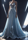 Light Blue Straps V Neck A-Line Shiny Long Prom Dress Evening Gown, HZ0319