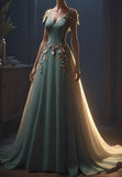 Elegant Green Straps A-Line Appliques Long Prom Dress Evening Gown, HZ0319