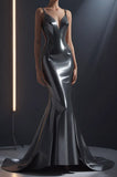 Dark Grey Straps Mermaid Satin Fashion Long Prom Dress Evening Gown, HZ0319