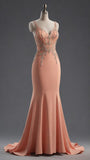 Peach Pink Straps Mermaid Beading Long Formal Prom Dress Evening Gown, HZ0319