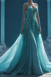 Gorgeous Blue Straps A-Line Beading Sexy Long Party Dress Evening Gown, HZ0319